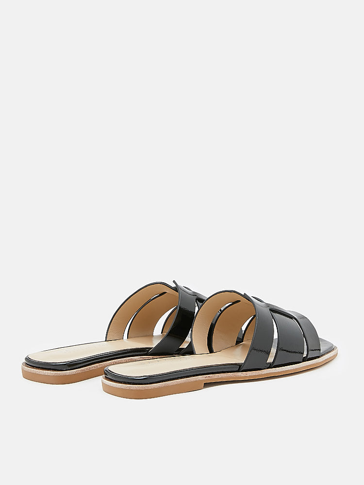 Interlocked Cage Glossy Leather Slide Sandals - Black