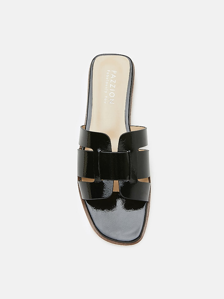 Interlocked Cage Glossy Leather Slide Sandals - Black