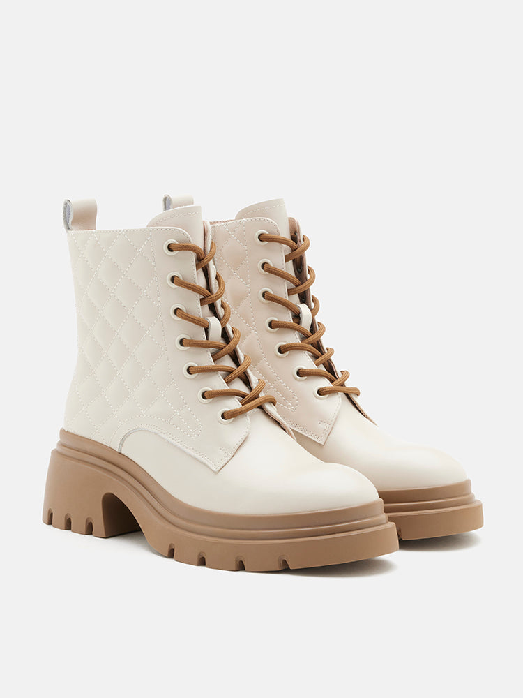 PAZZION, Aaira Quilted Lace Up Boots, Beige