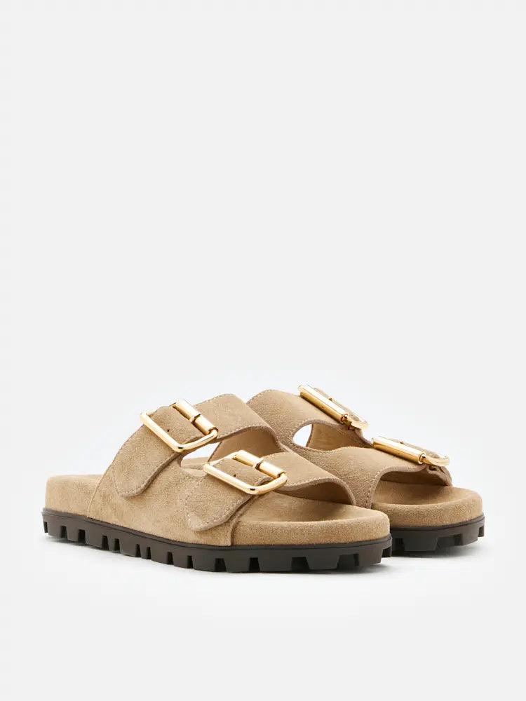 PAZZION, Alaia Buckled Suede Slides, Almond