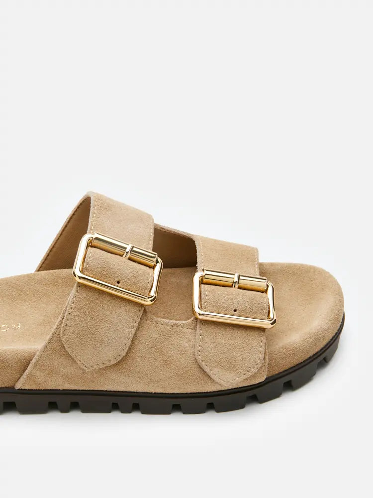 PAZZION, Alaia Buckled Suede Slides, Almond