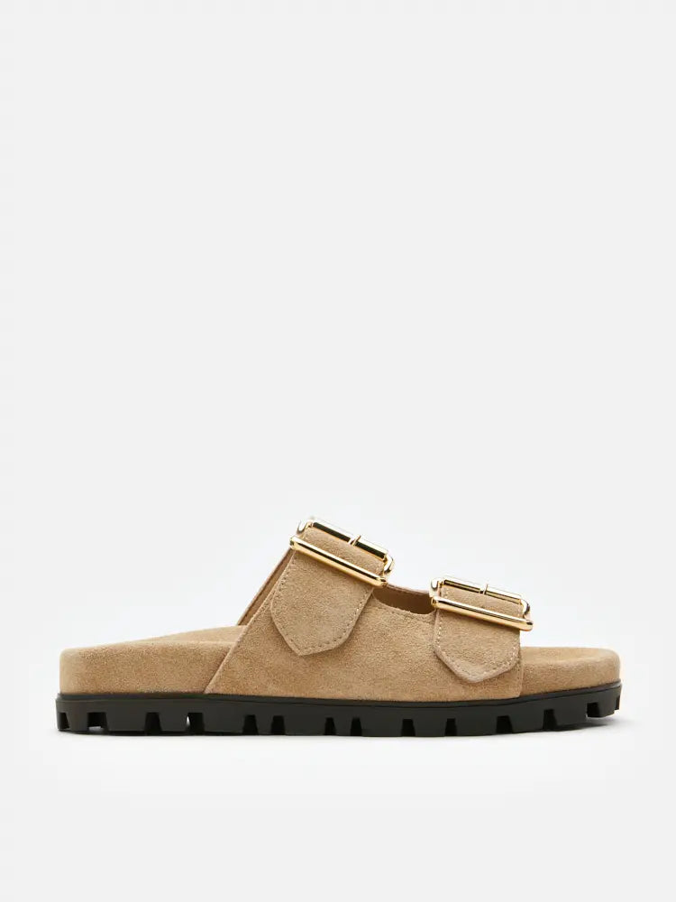 PAZZION, Alaia Buckled Suede Slides, Almond