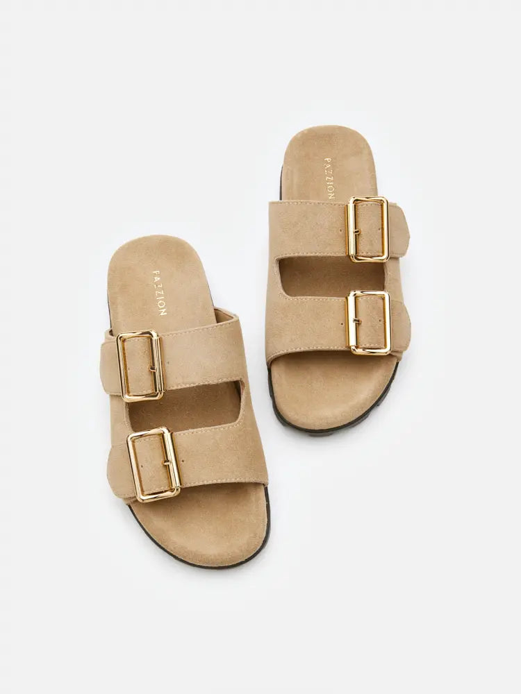 PAZZION, Alaia Buckled Suede Slides, Almond