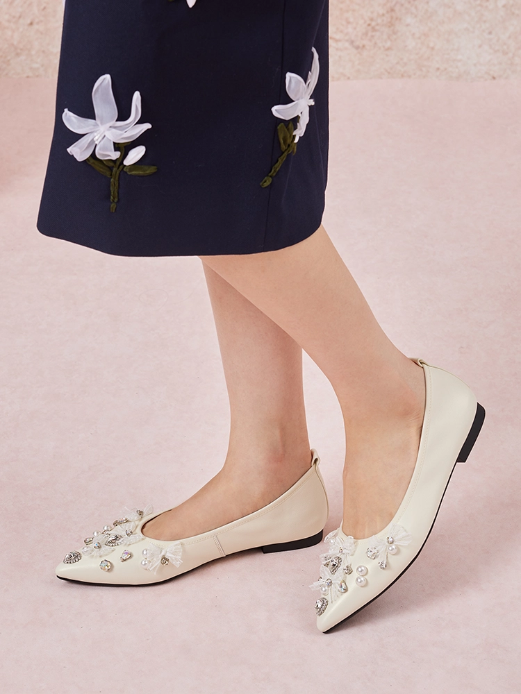 PAZZION, Alasdair Embellished Pointed Toe Flats, Beige
