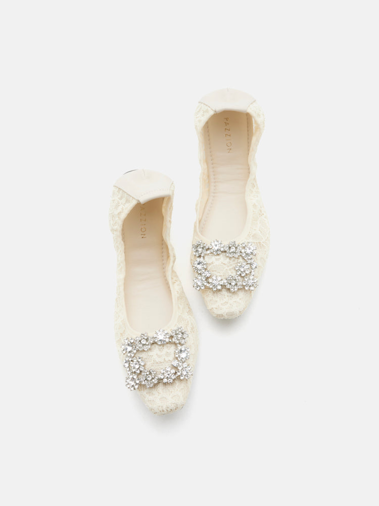 PAZZION, Alina Lace Diamante Foldable Flats, Beige