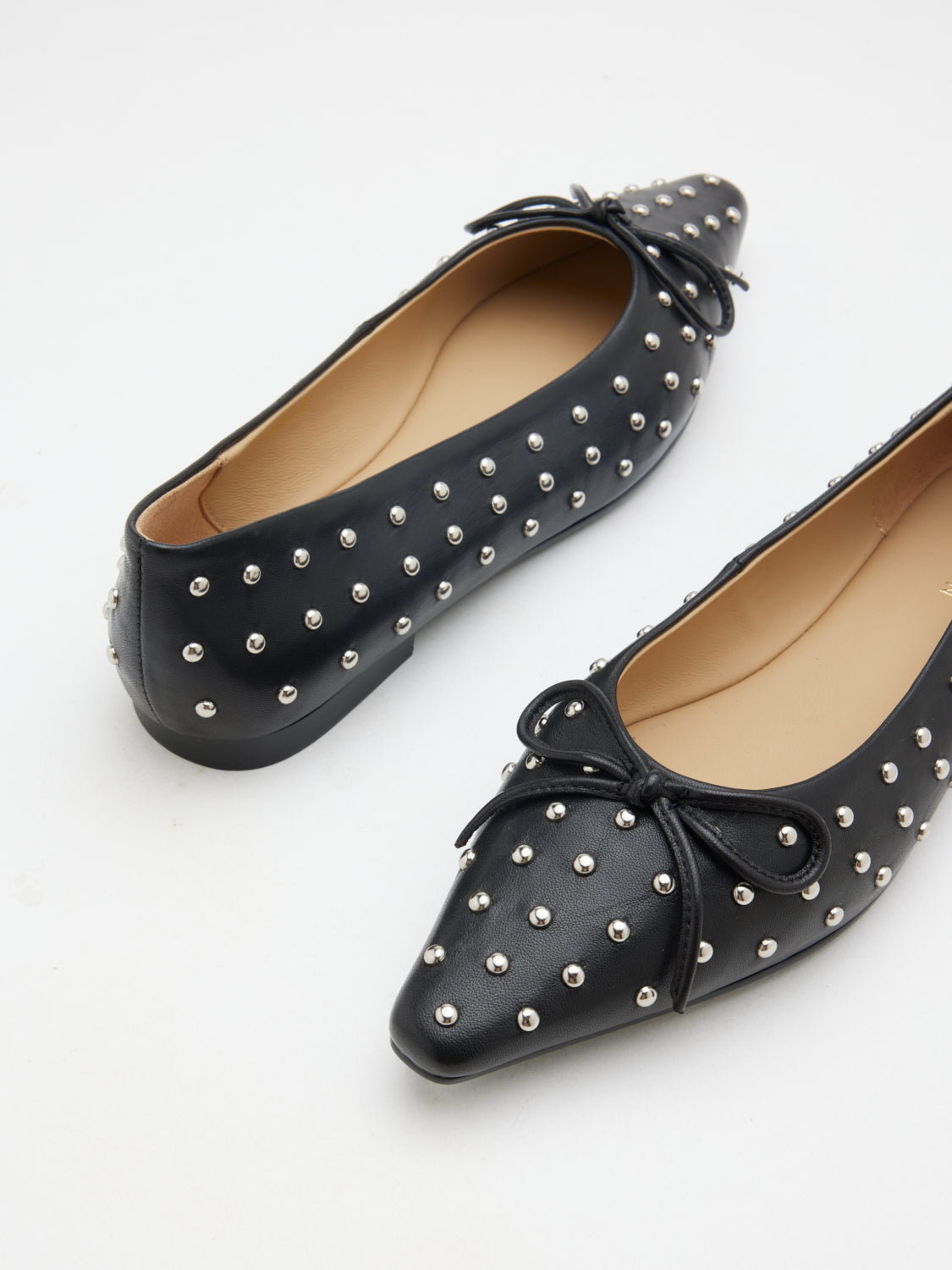 PAZZION, Aliviene Polka Dot Studded Leather Bow Flats, Black