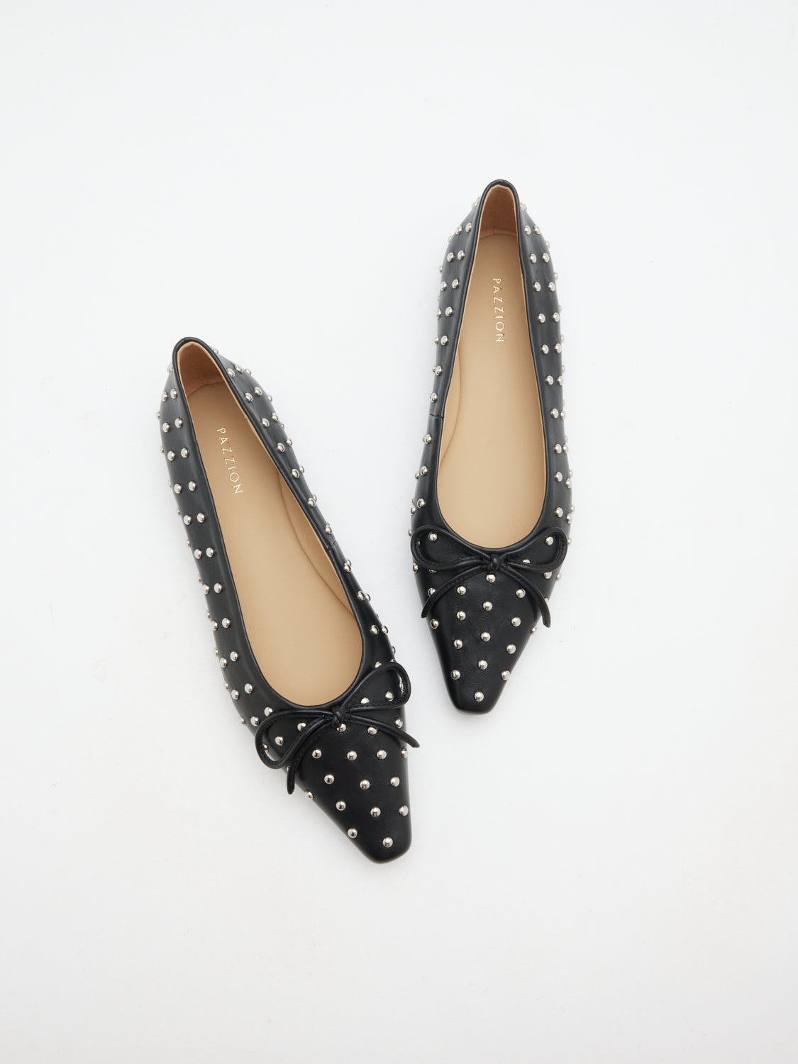 PAZZION, Aliviene Polka Dot Studded Leather Bow Flats, Black
