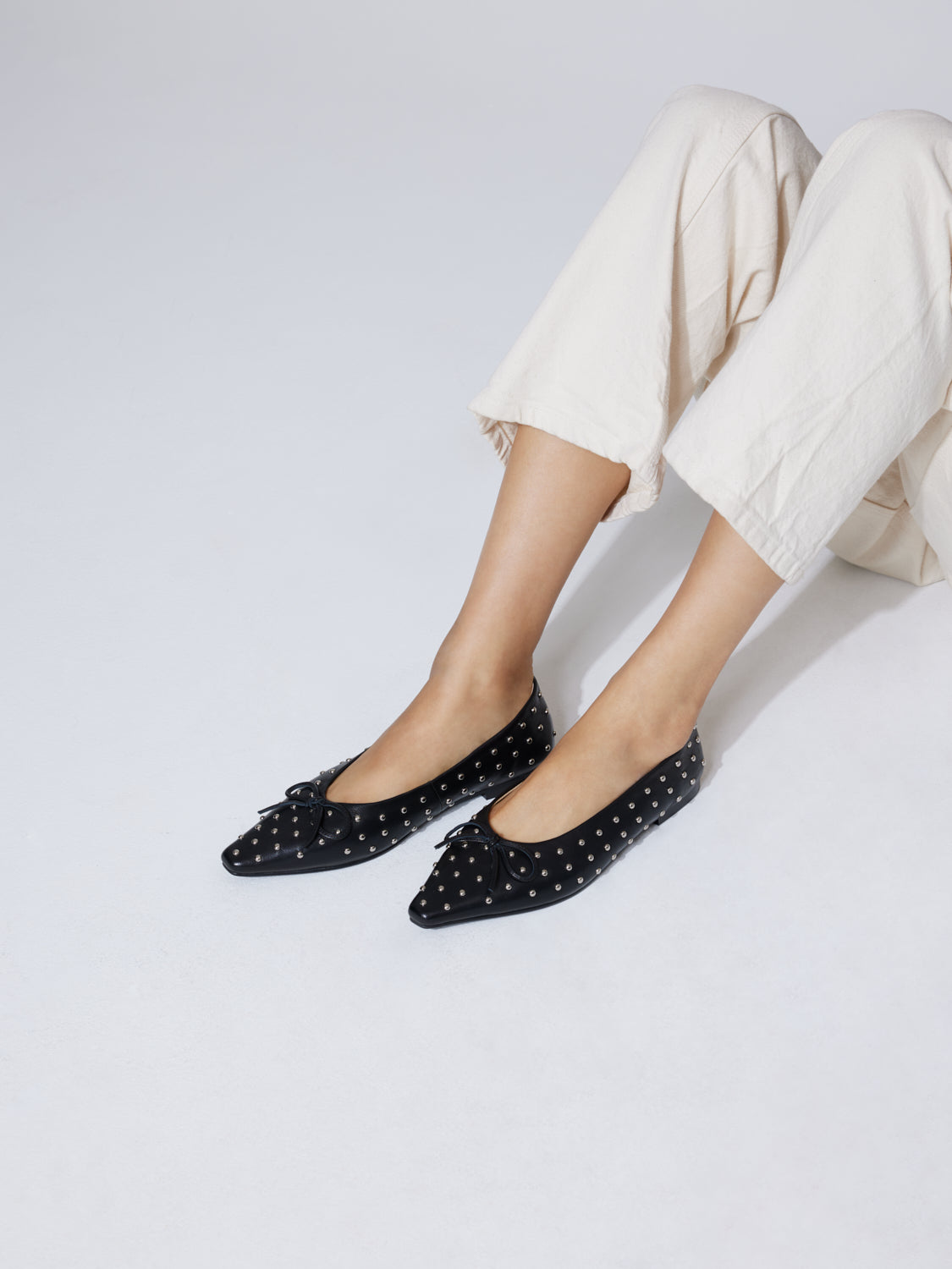 PAZZION, Aliviene Polka Dot Studded Leather Bow Flats, Black
