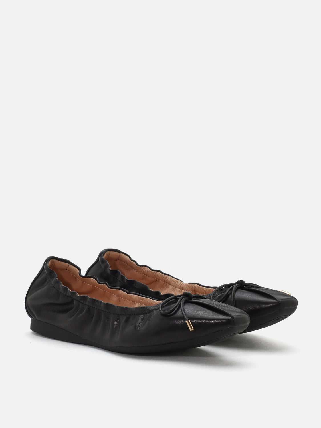 PAZZION, Amara Ruched Bow Leather Flats, Black