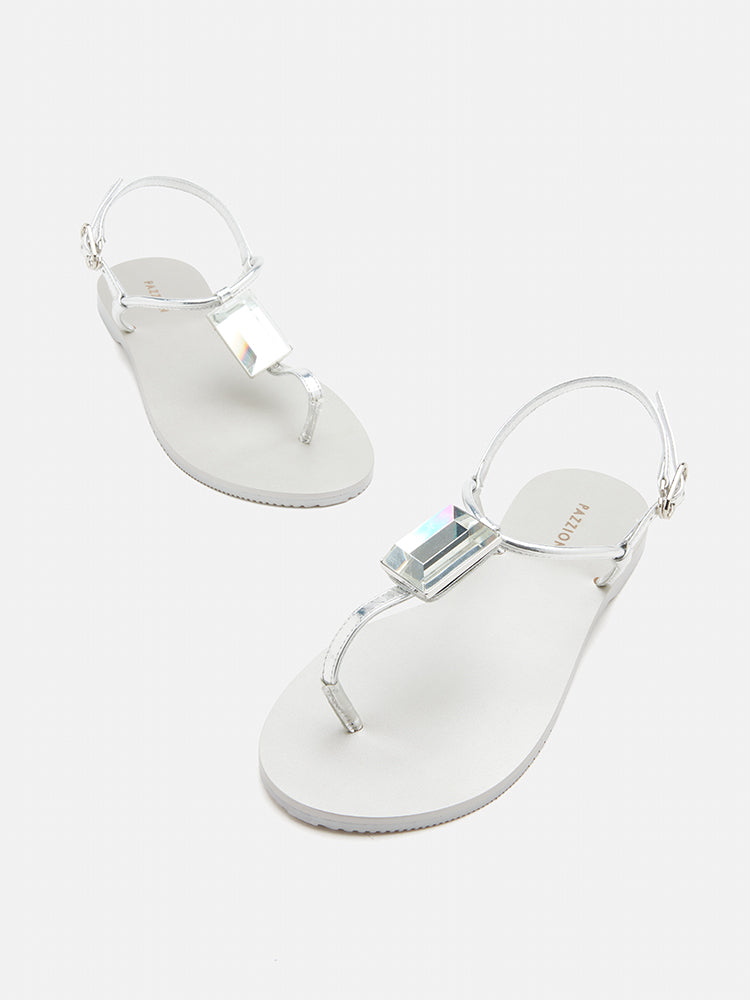 PAZZION, Annabel Diamante T-Bar Sandals, Silver
