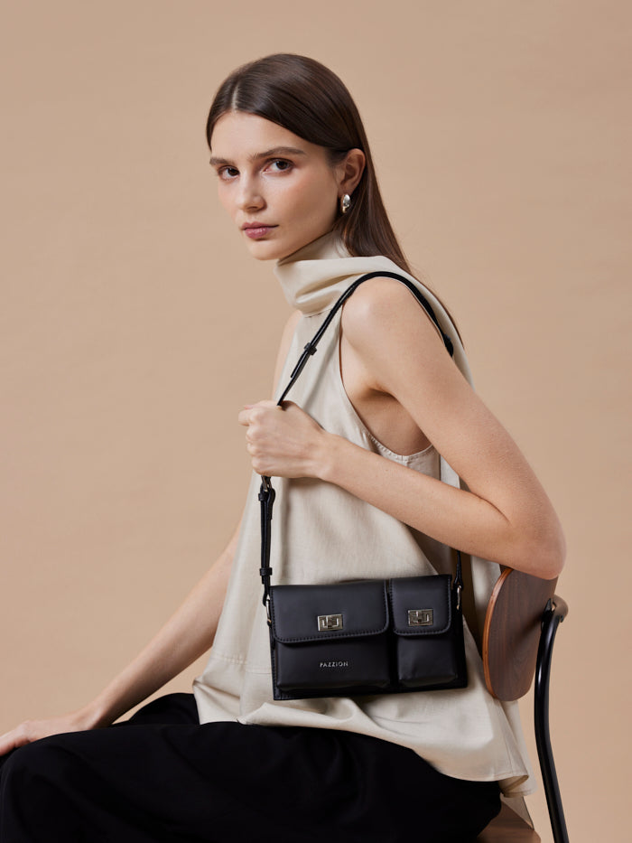 PAZZION, Aviana Double Twist Lock Structured Bag, Black