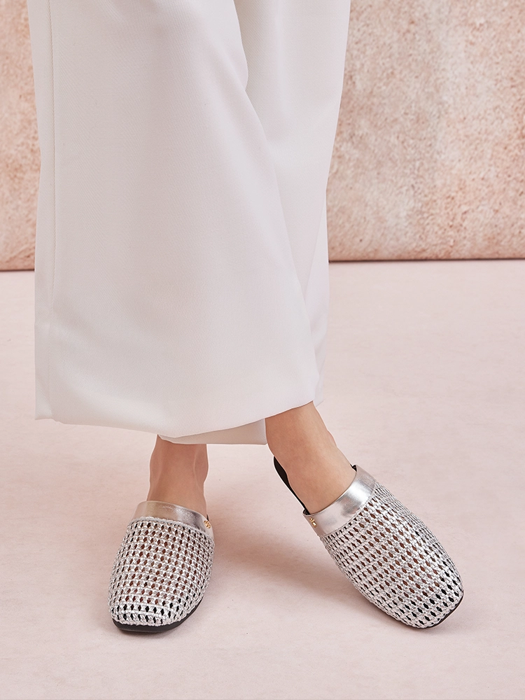 PAZZION, Ayanna Woven Slip-On Mules, Silver
