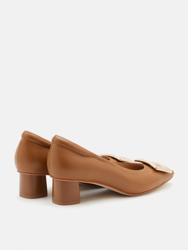 PAZZION, Azalea Buckle Low Block Heels, Brown