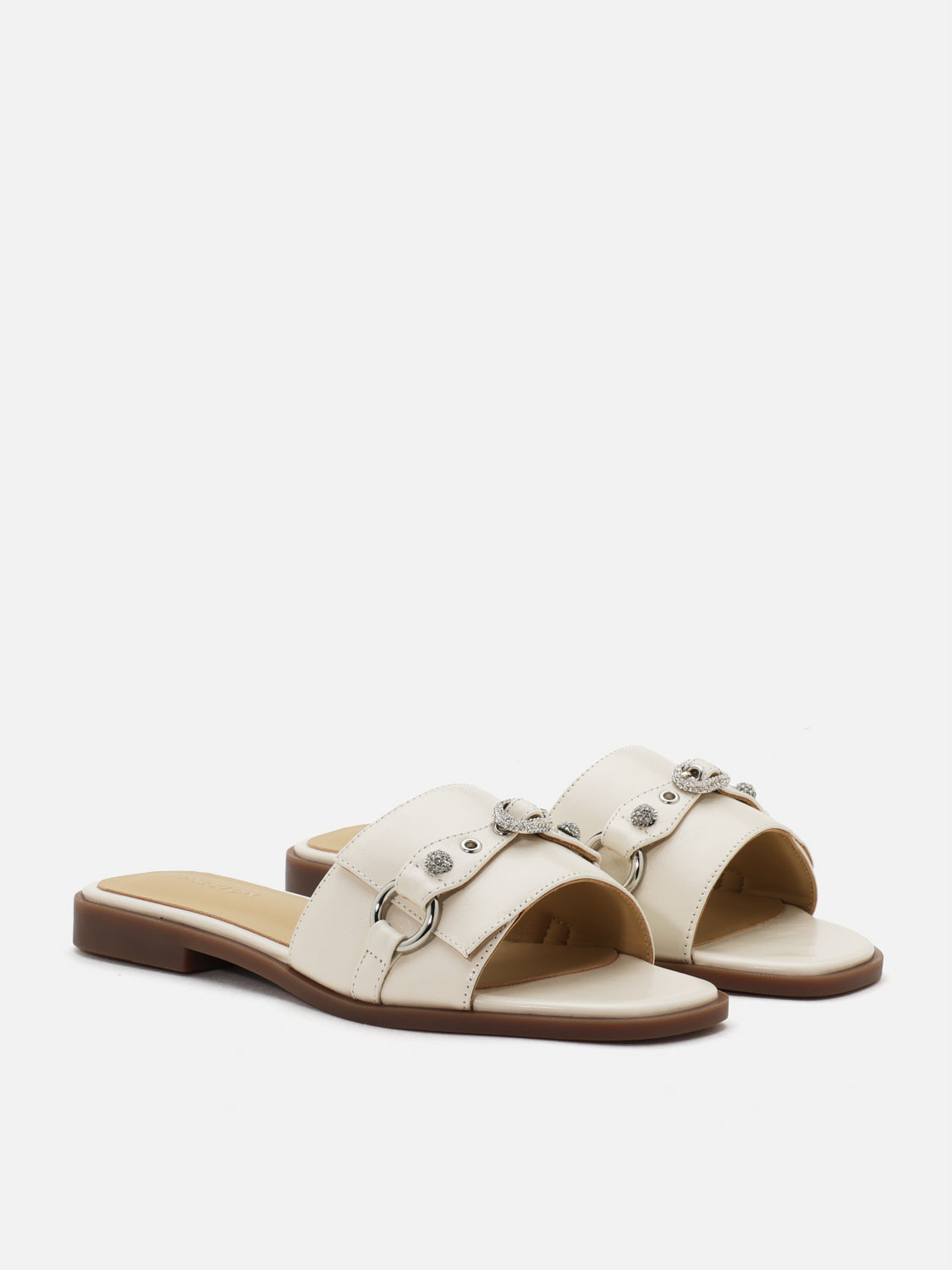 PAZZION, Bianca Stud and Buckle Leather Slides, Beige