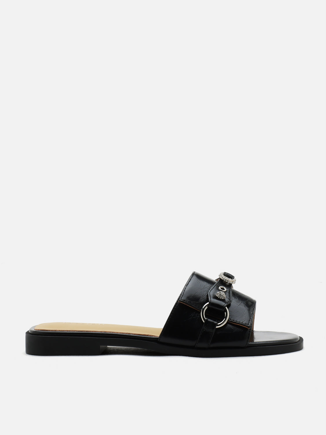 PAZZION, Bianca Stud and Buckle Leather Slides, Black