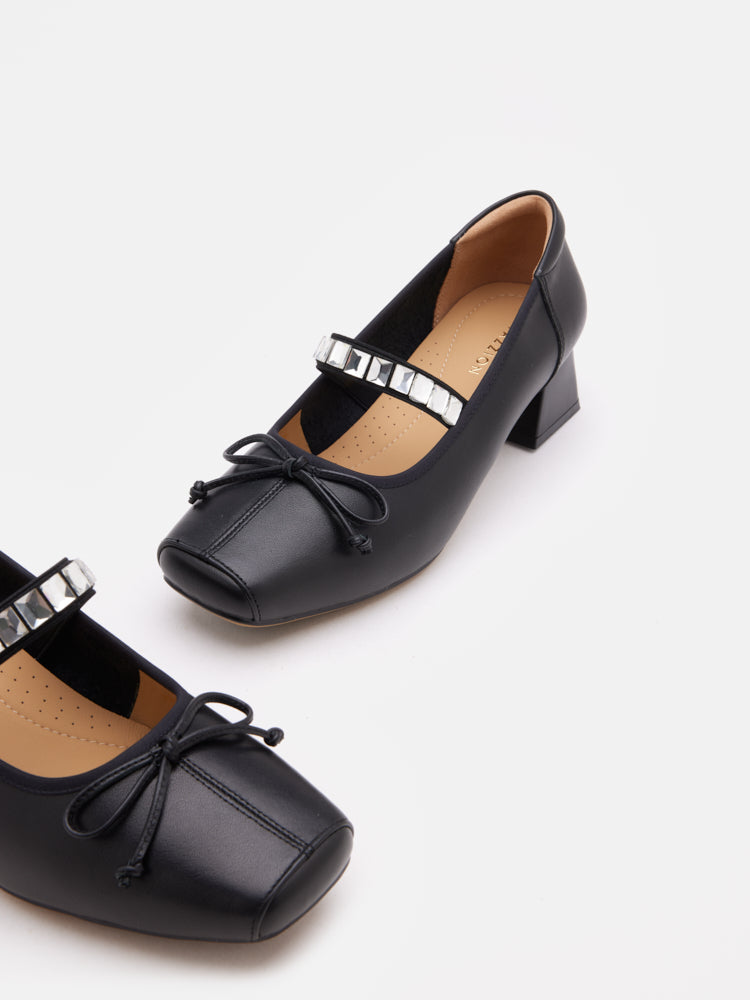PAZZION, Billie Crystal-Embellished Bow Mary Jane Heels, Black