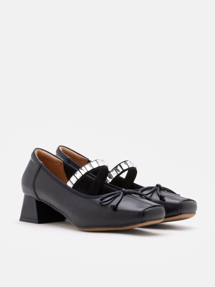 PAZZION, Billie Crystal-Embellished Bow Mary Jane Heels, Black