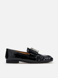 PAZZION, Calista Patent Leather Buckled Bow Loafers, Black