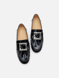 PAZZION, Calista Patent Leather Buckled Bow Loafers, Black