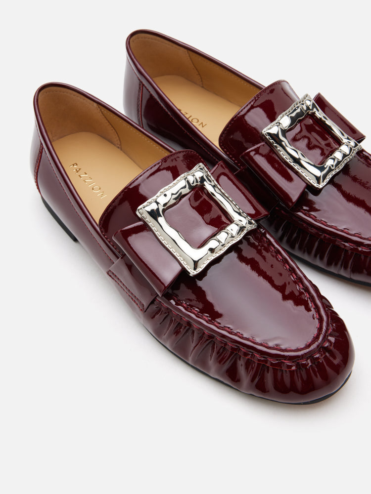 PAZZION, Calista Patent Leather Buckled Bow Loafers, Wine