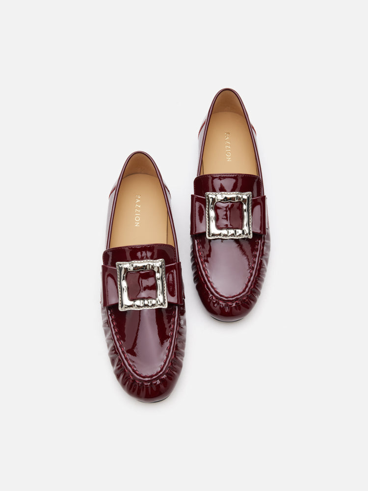 PAZZION, Calista Patent Leather Buckled Bow Loafers, Wine