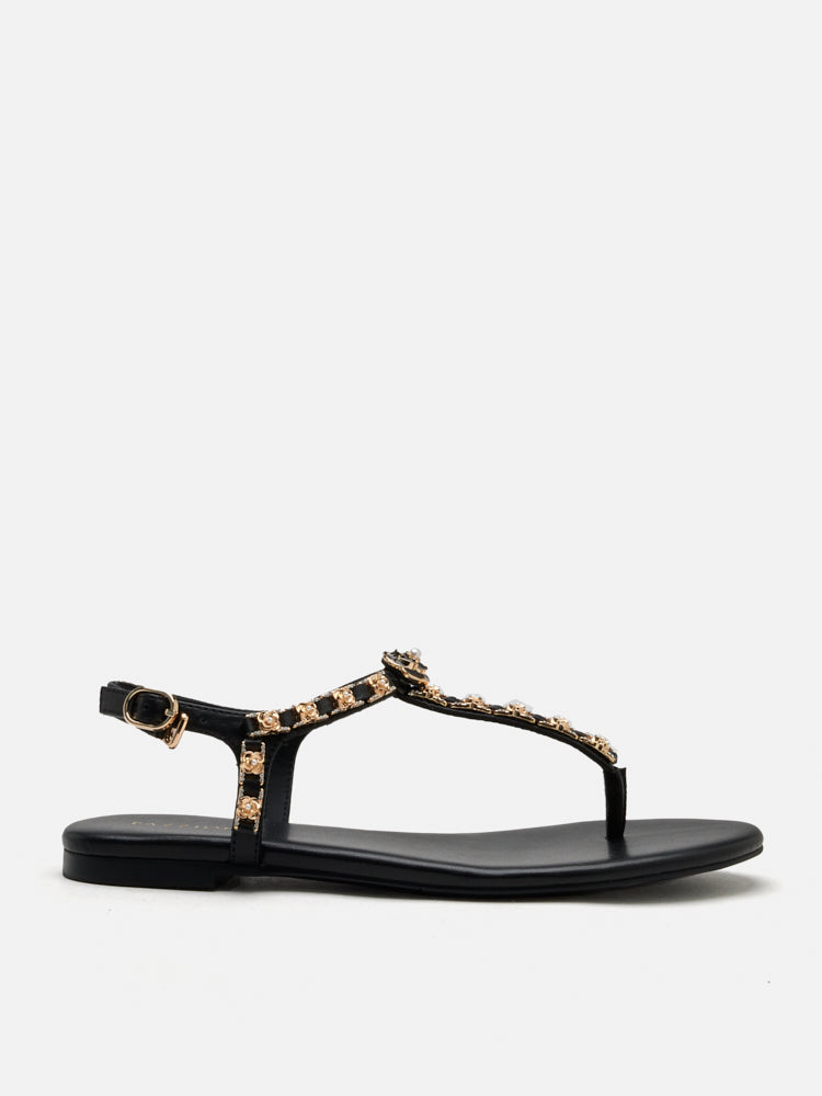 PAZZION, Camelia Embellished T-bar Sandals, Black