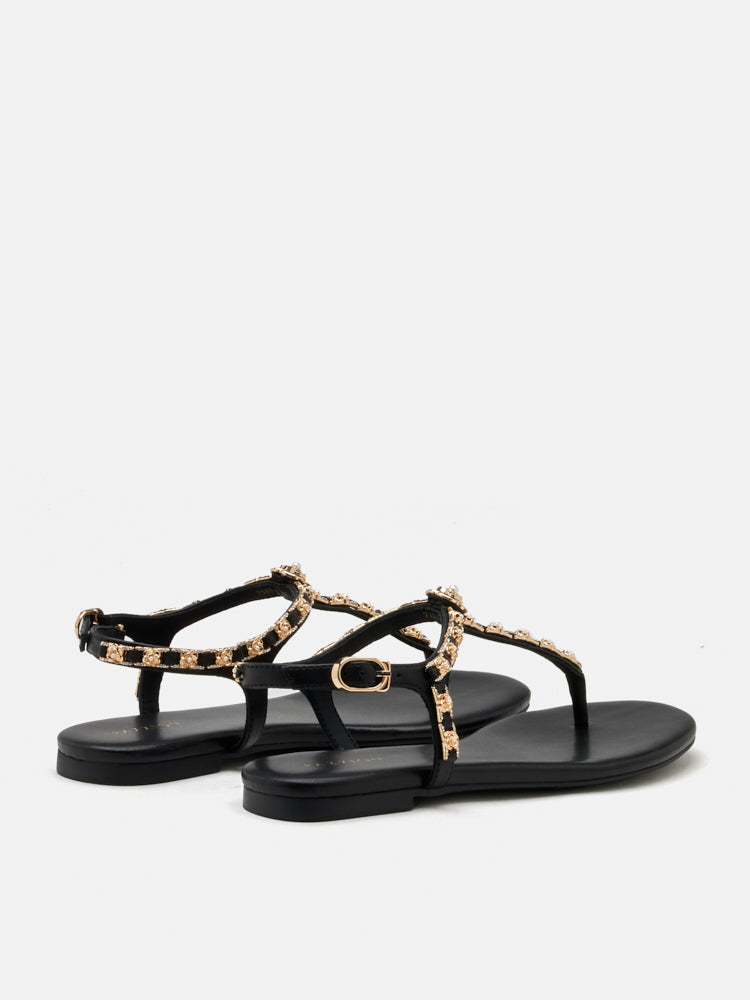 PAZZION, Camelia Embellished T-bar Sandals, Black