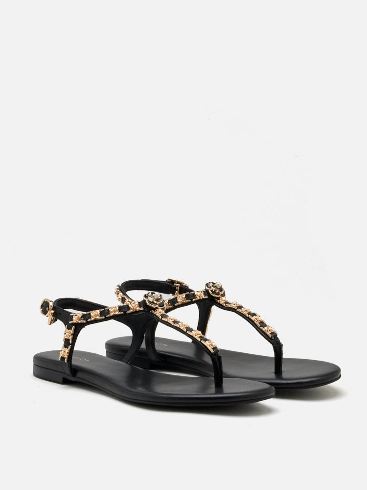 PAZZION, Camelia Embellished T-bar Sandals, Black