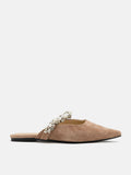 PAZZION, Camila Pearl and Crystal Embellished Strap Suede Mules, Almond