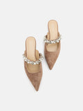 PAZZION, Camila Pearl and Crystal Embellished Strap Suede Mules, Almond