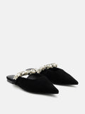 PAZZION, Camila Pearl and Crystal Embellished Strap Suede Mules, Black