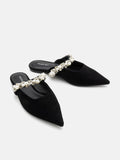 PAZZION, Camila Pearl and Crystal Embellished Strap Suede Mules, Black