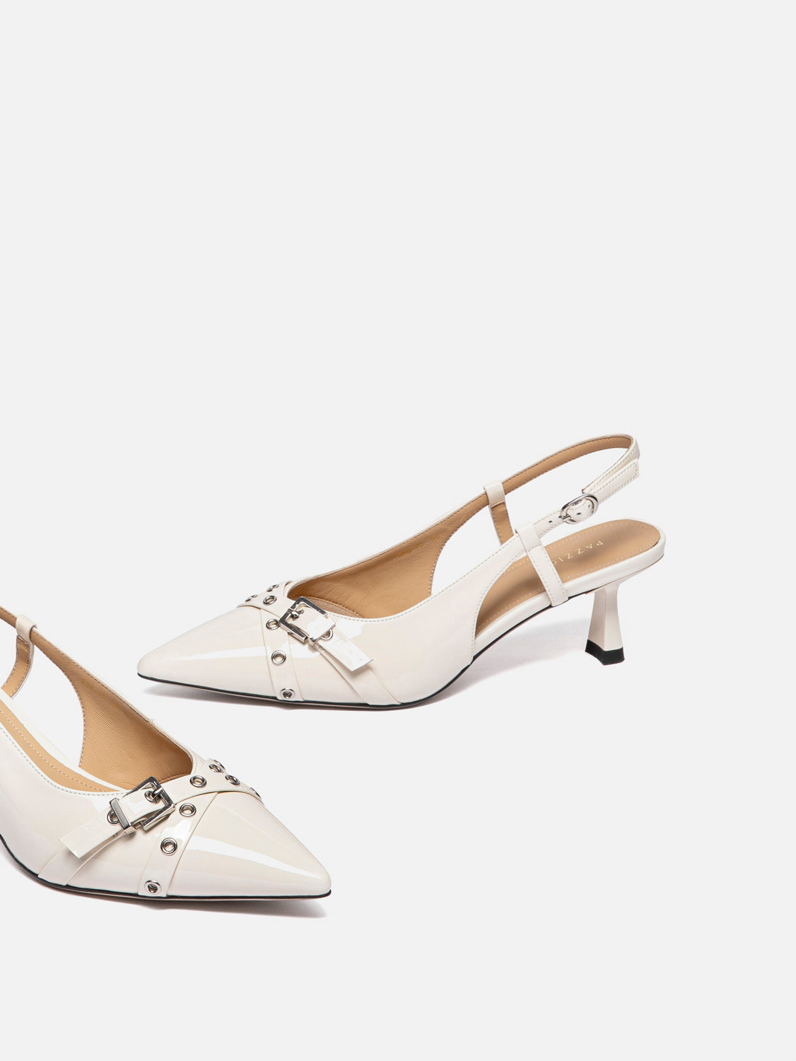 PAZZION, Cherivelle Buckled Patent Slingback Heels, Beige