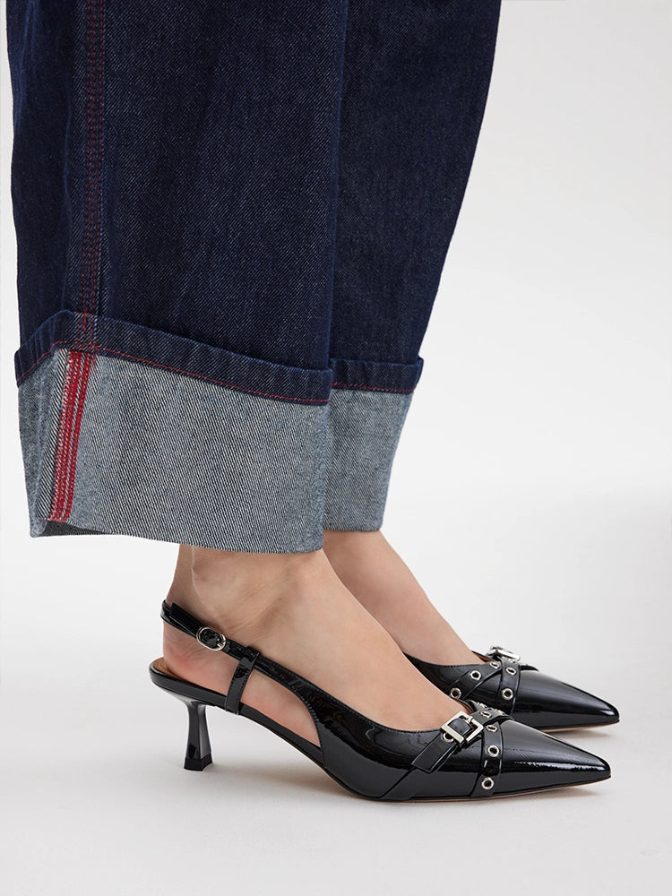 PAZZION, Cherivelle Buckled Patent Slingback Heels, Black