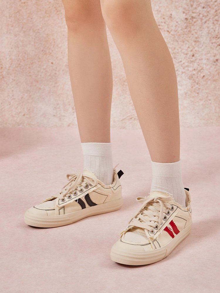 PAZZION, Claudi Asymmetric Stripe Frayed Sneakers, Beige