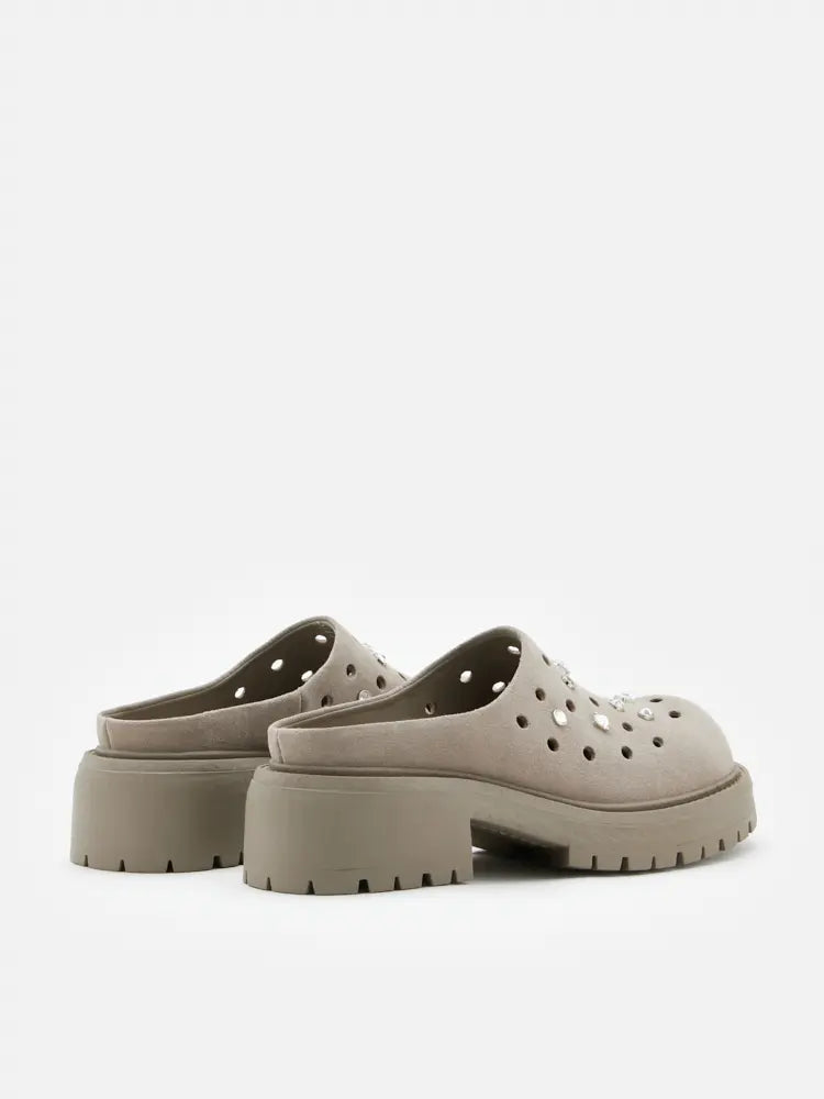 PAZZION, Collette Suede Embellished Clog Mules, Grey