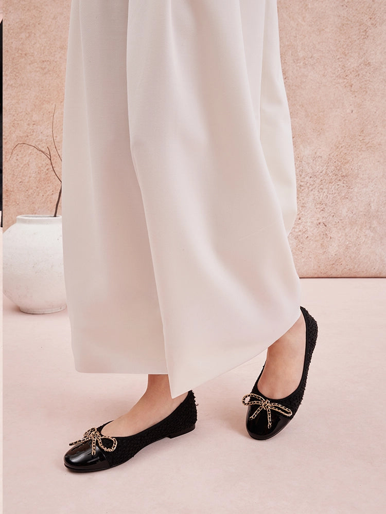 PAZZION, Daisy Tweed Toe Cap Bow Flats, Black