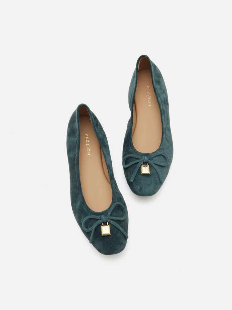 PAZZION, Daria Accented Suede Bow Flats, Green