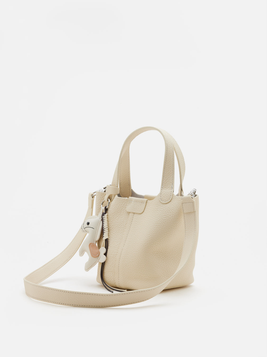 PAZZION, Delaney Leather Charmed Bucket Bag, Beige