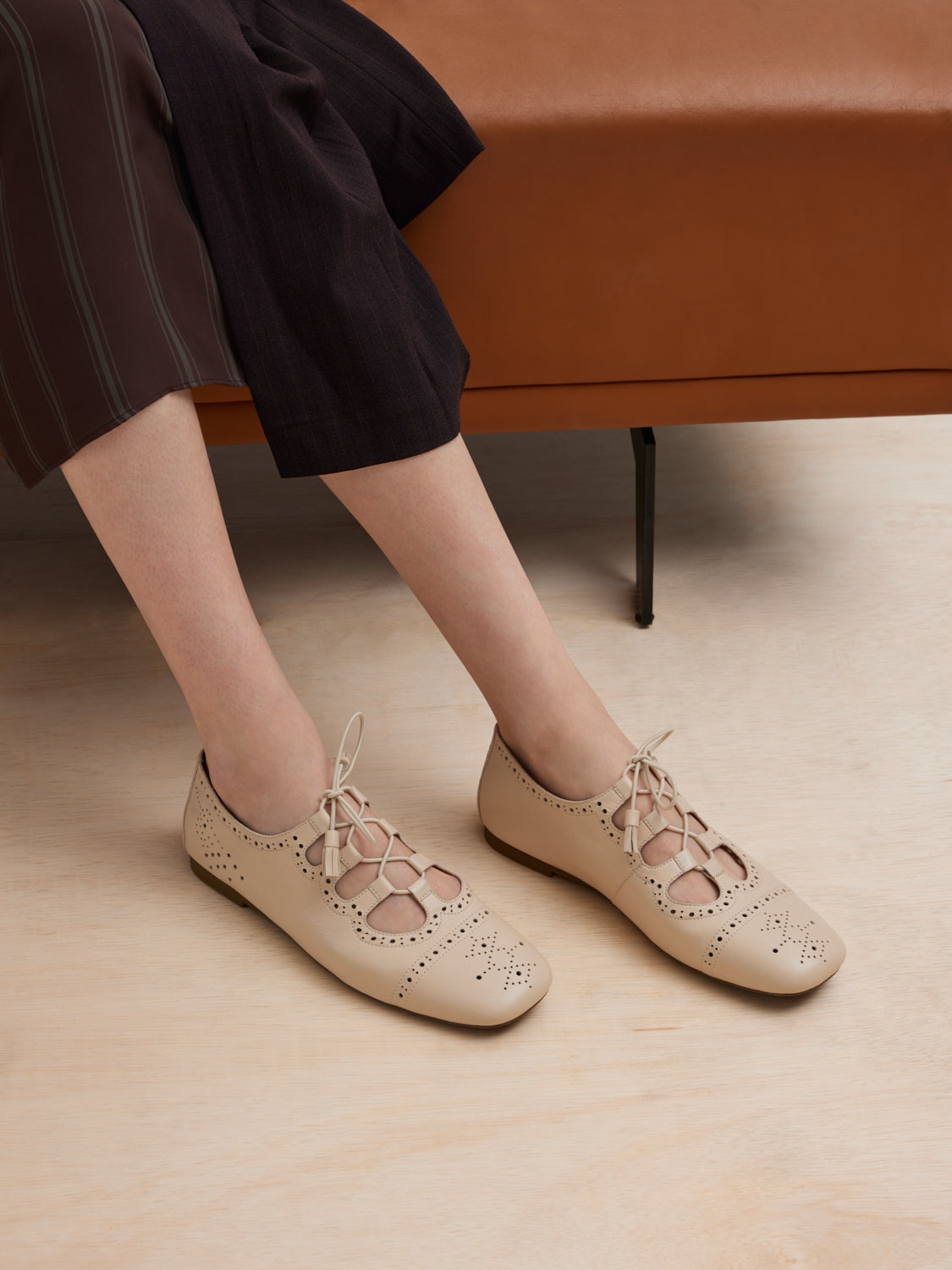 PAZZION, Demi Laced up Perforated Leather Flats - Beige, Beige