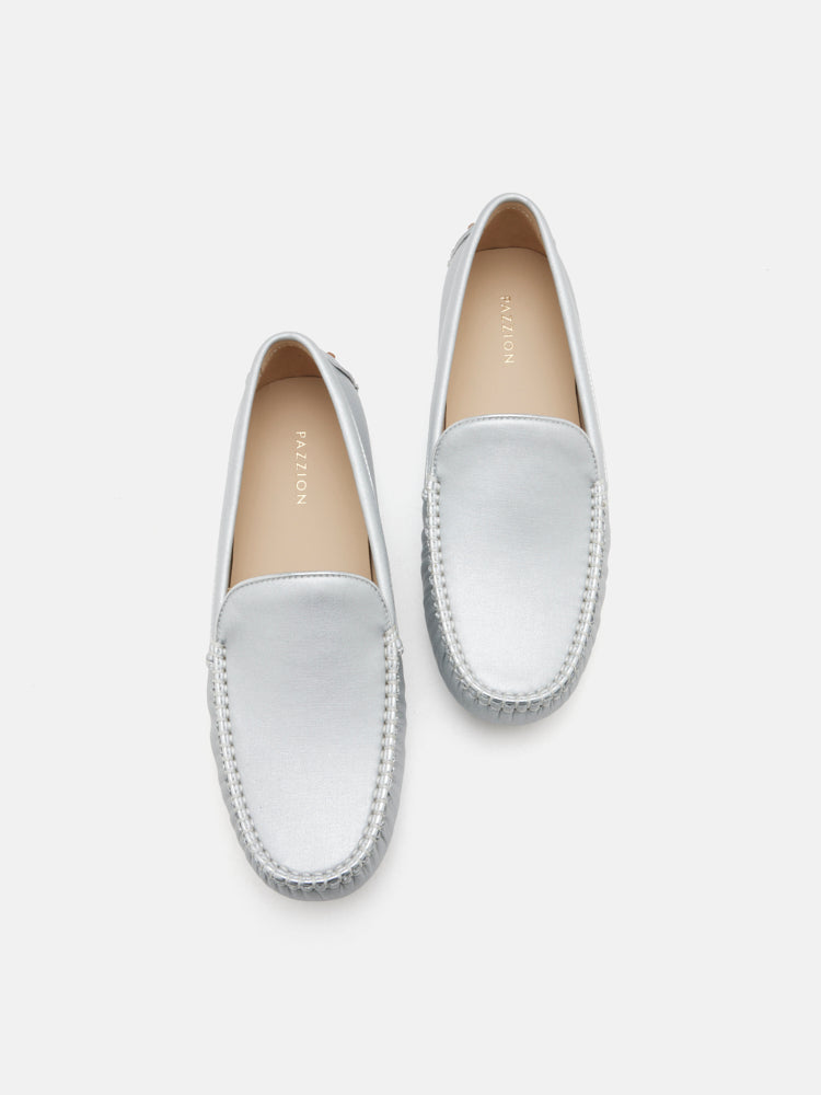 PAZZION, Elara Metallic Moccasins, Silver