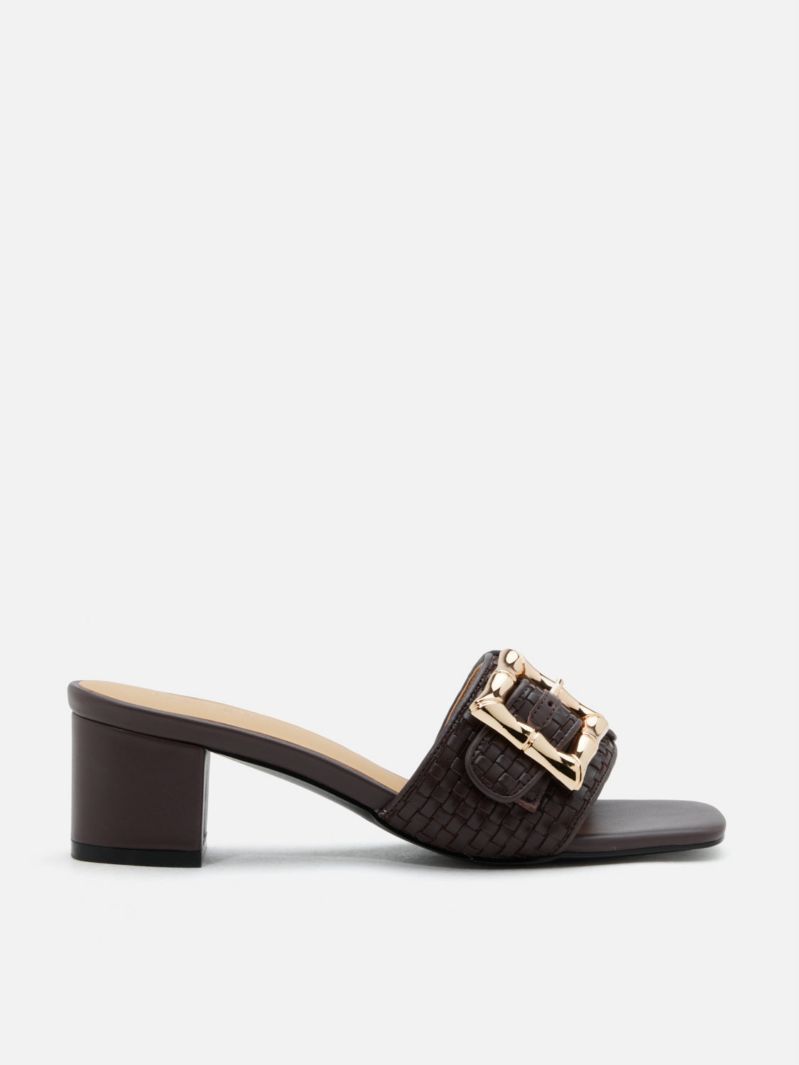 PAZZION, Elarise Woven Buckle Leather Heels, Darkbrown