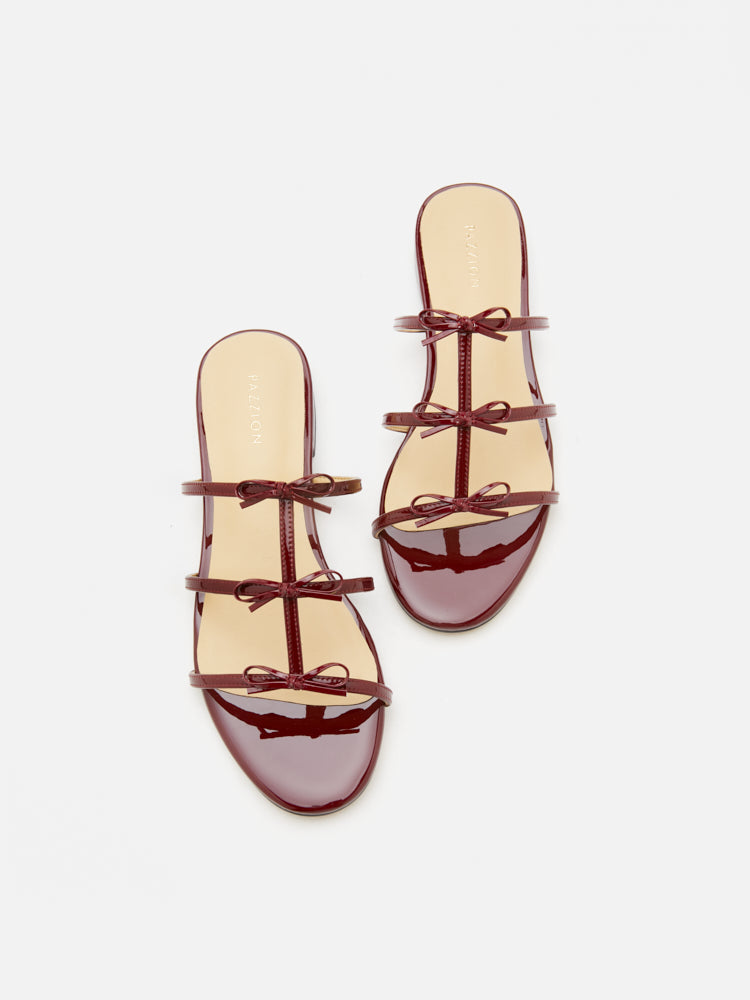 PAZZION, Elena Bow Cage Patent Leather Slides, Wine