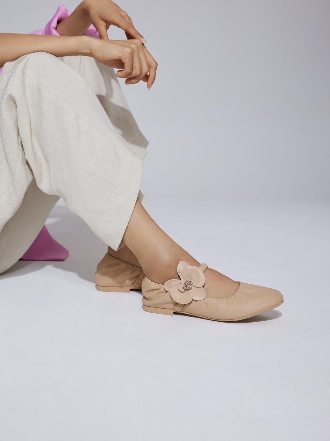 PAZZION, Fiorale Orchid Strap Ballet Leather Mary Janes, Almond