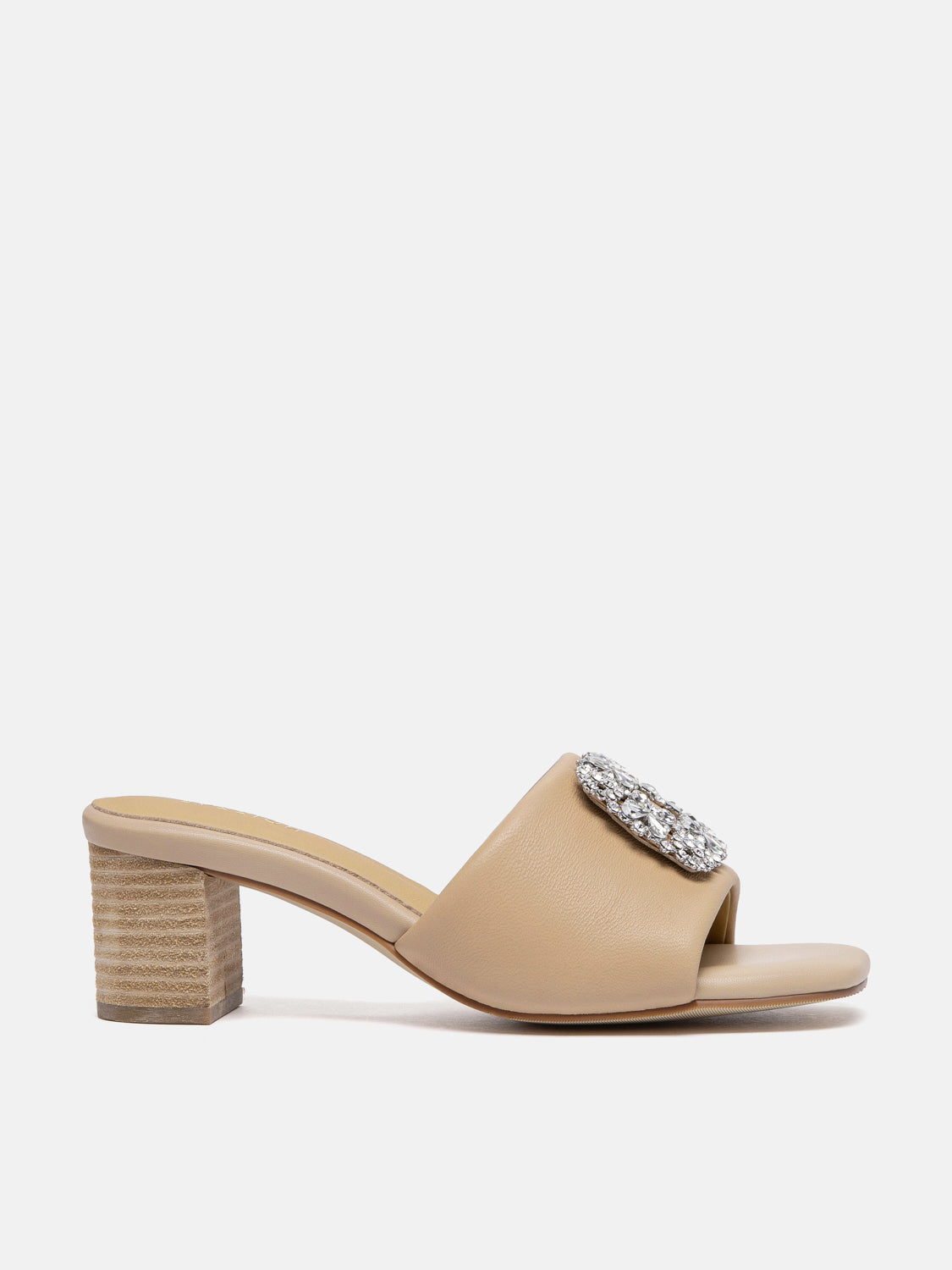 PAZZION, Florence Crystal Embellished Buckle Leather Sandal Heels - Almond, Almond