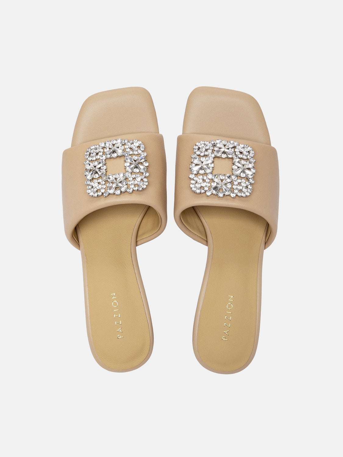 PAZZION, Florence Crystal Embellished Buckle Leather Sandal Heels - Almond, Almond