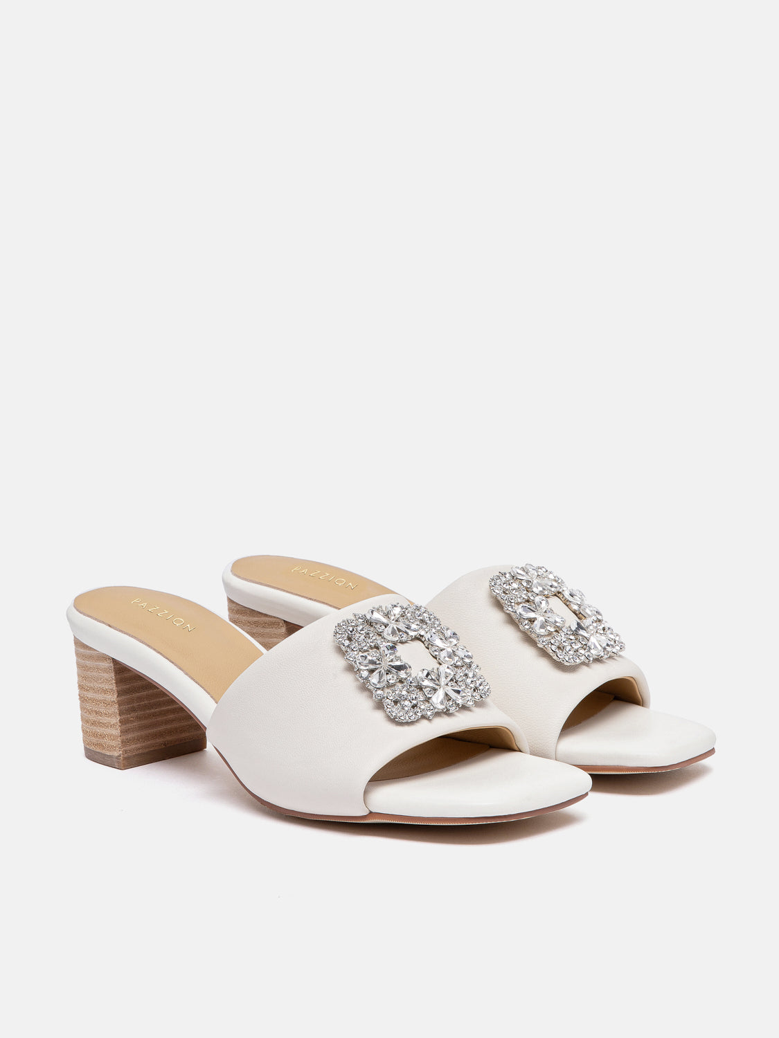 PAZZION, Florence Crystal Embellished Buckle Leather Sandal Heels, Beige