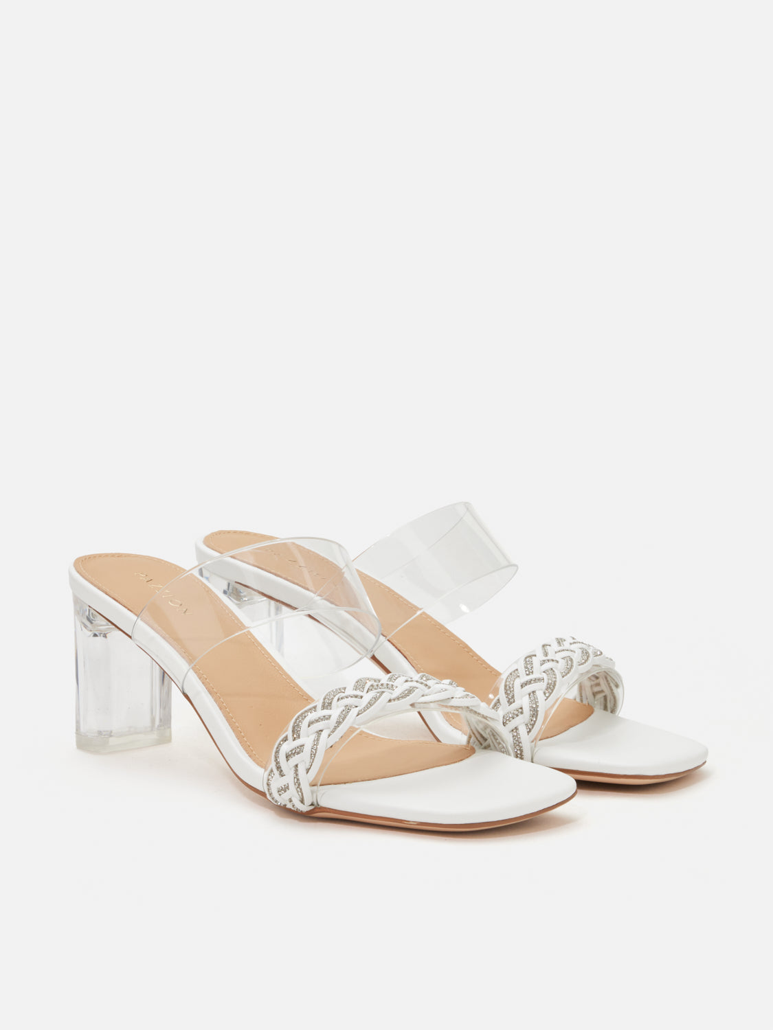 PAZZION, Freya Crystal Embellished Woven Sandal Heels, Beige
