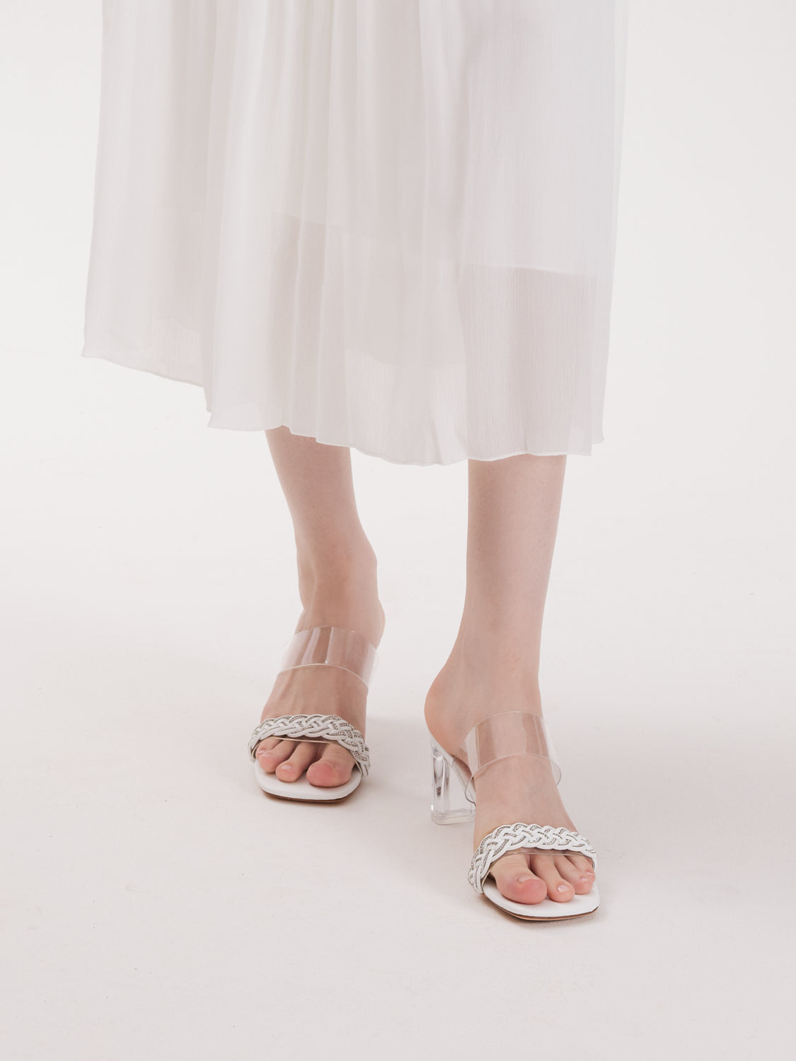 PAZZION, Freya Crystal Embellished Woven Sandal Heels, Beige