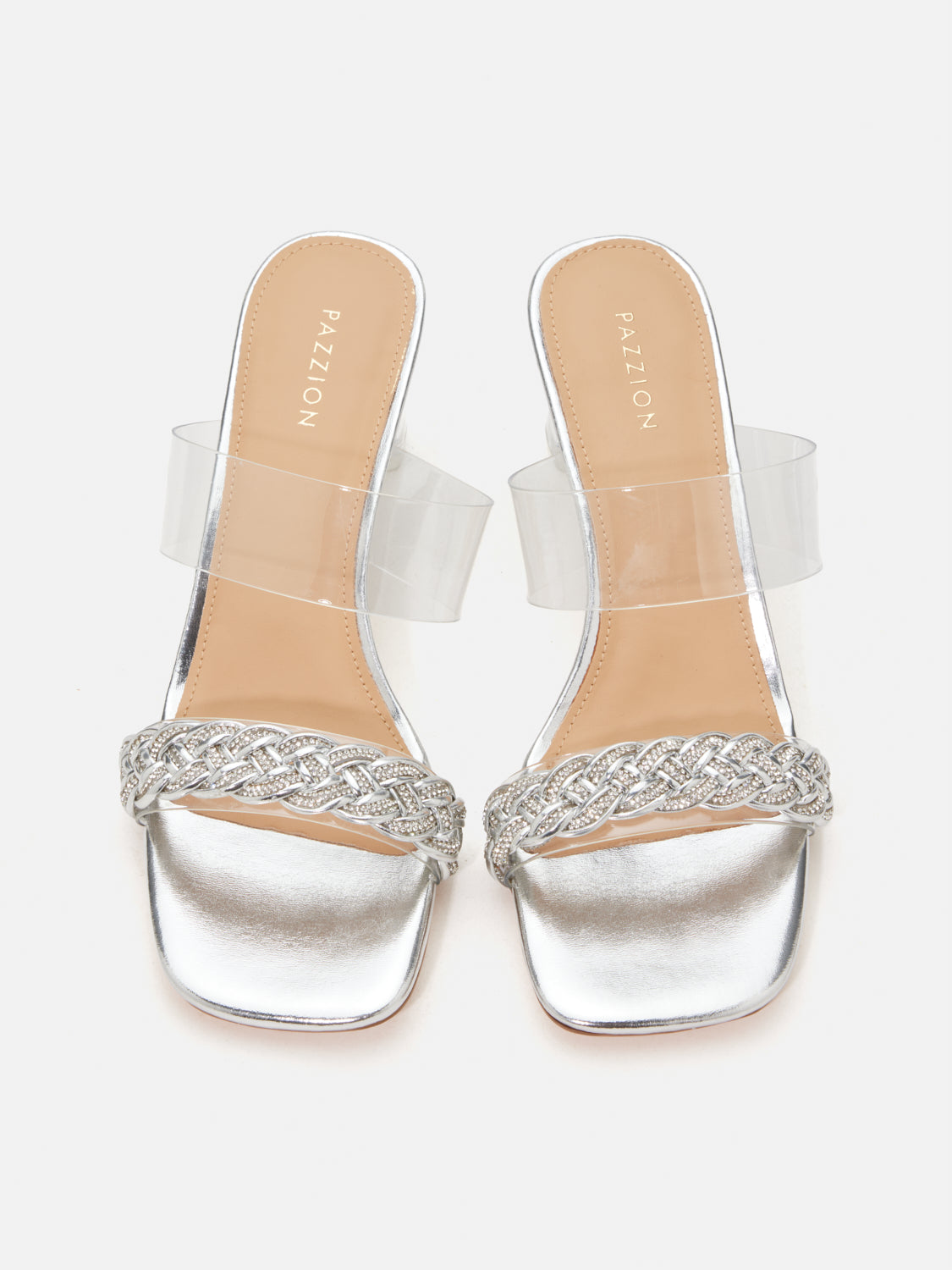 PAZZION, Freya Crystal Embellished Woven Sandal Heels, Silver